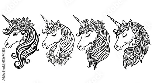 Four unicorn head illustrations in black and white, each adorned with floral wreaths and unique flowing manes.