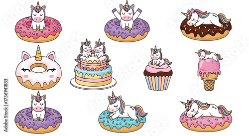Collection of cute cartoon unicorns interacting with donuts, cake, cupcake, and ice cream on a white background.