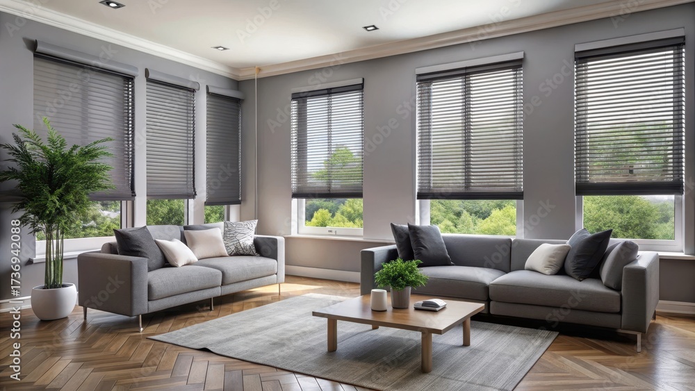 Fototapeta premium Gray blackout roller blind covering windows in modern living room with shutters on plastic window, window treatment, blackout curtains