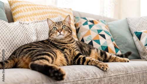 Wallpaper Mural Striped Tabby Cat Lying on Beige Couch with Pillows in Bright Room Torontodigital.ca