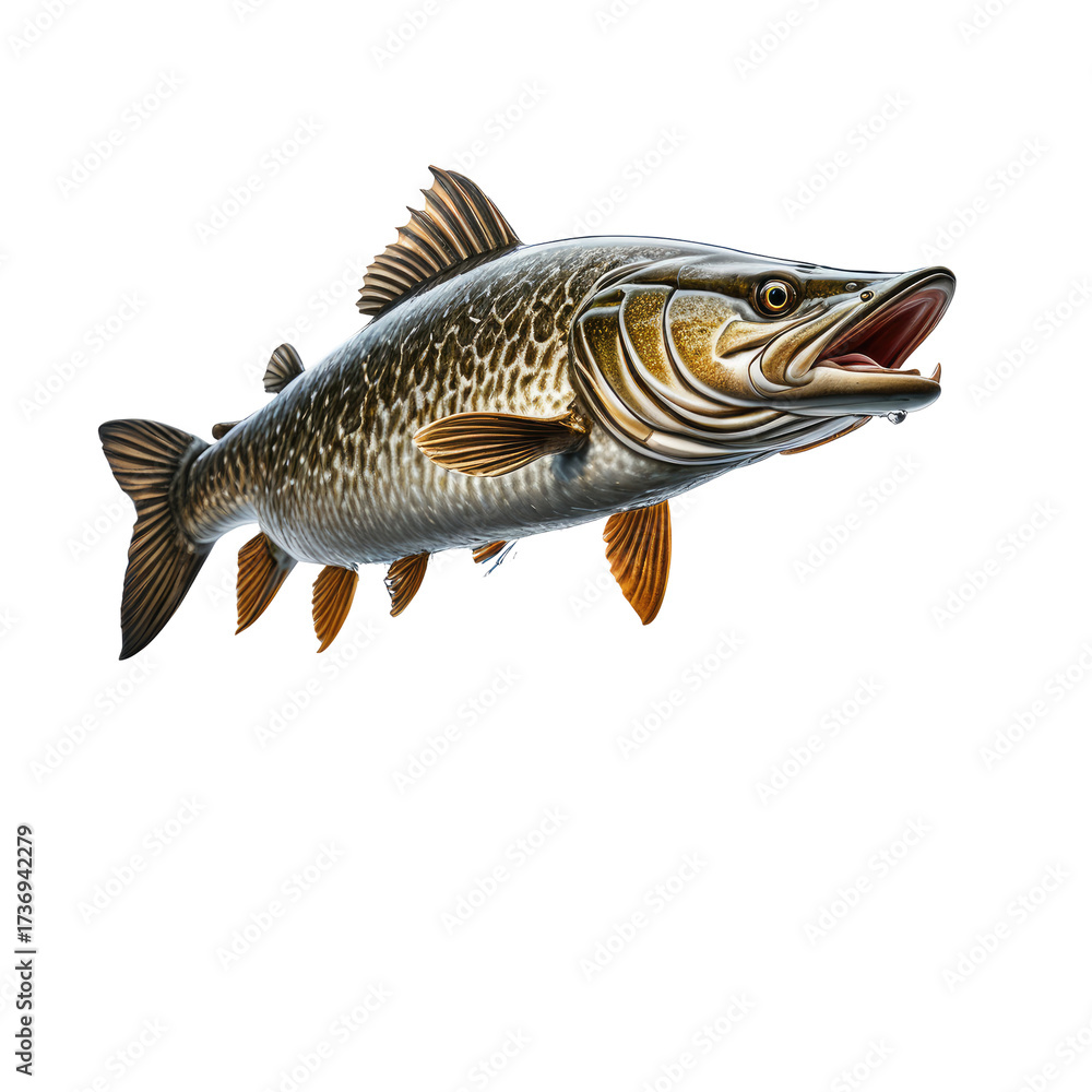Obraz premium Detailed illustration of a northern pike fish, leaping with open mouth and fins