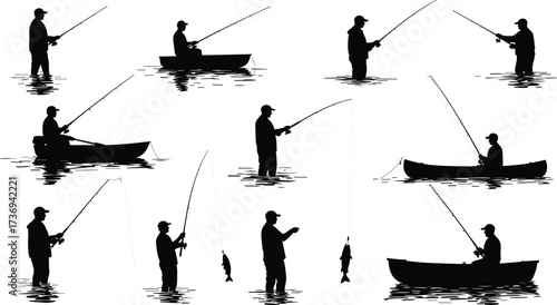 Fishing silhouettes collection, fisherman with rod, catching fish, boat fishing, standing angler, outdoor hobby, water activity, sport fishing, vector 