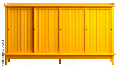 Bright yellow cabinet with sliding doors, featuring a symmetrical design against a black background, exuding a minimalist and modern aesthetic, ideal for storage solutions or interior design projects.