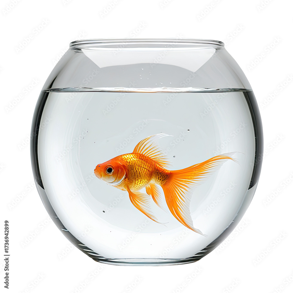 Fototapeta premium Goldfish swimming in clear glass bowl, orange and white fins