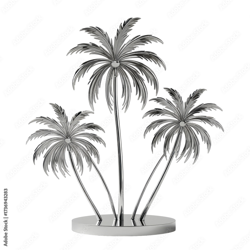 Fototapeta premium Metallic palm trees statue, set of three, on a round base, black background