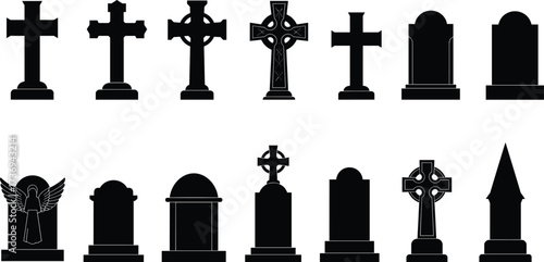 Gravestone and tombstone silhouettes, cemetery cross illustration, gothic headstone design, spooky grave markers, funeral monument vector, horror halloween decoration