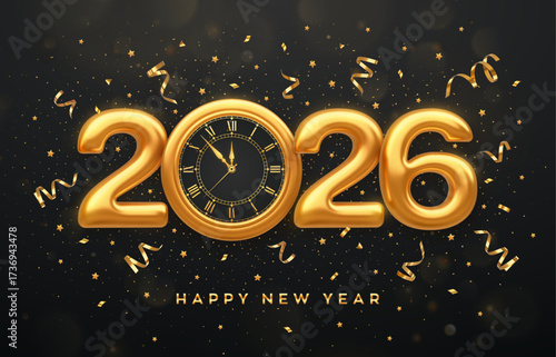 Happy New Year 2026. Golden metallic numbers 2026, gold watch with Roman numeral and countdown midnight, eve for New Year. Merry Christmas and Happy New Year 2026 greeting card. Vector illustration.