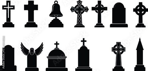 Gravestone tombstone silhouettes, gothic cross headstone vector, cemetery monument design, spooky halloween grave marker illustration, funeral death memorial decoration
