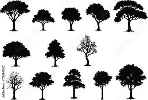 Silhouette collection of various tree shapes and styles isolated on white background, natural forest elements vector illustration for design