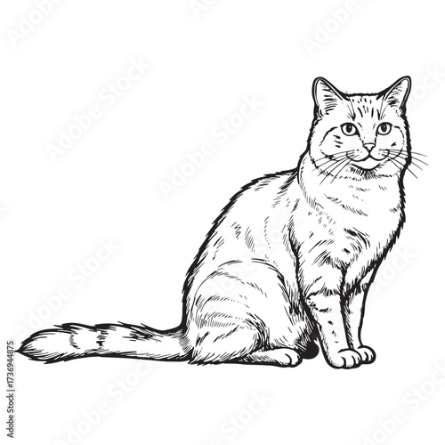 Detailed black and white sketch of a sitting cat feline