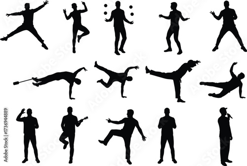 Silhouette collection of people dancing, juggling, performing breakdance, playing guitar, singing, exercising, and enjoying various fun activities illustration