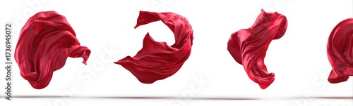 Red fabric in dynamic folds against a white background.  Four flowing crimson drapes, each with various folds and shapes, hover gracefully