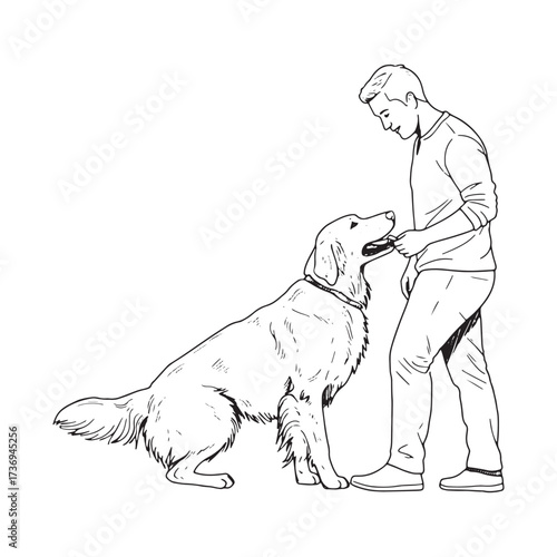 Man giving treat to golden retriever line drawing animal