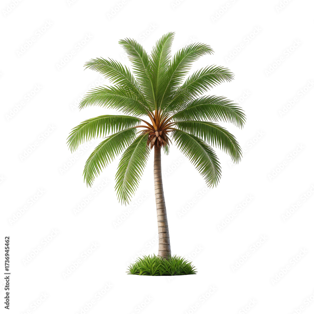 Obraz premium Isolated palm tree with lush green fronds and a black background
