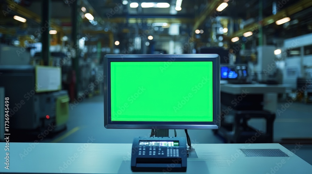 Fototapeta premium A green screen monitor in a factory setting, symbolizing digital integration for quality control or augmented reality.