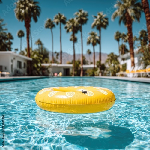 A bright yellow inflatable ring floats on a clear swimming pool, with palm trees and mid-century modern buildings in the background, under a vibrant blue sky