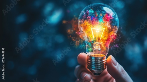 A hand holding a glowing lightbulb with colorful ideas bursting from it, symbolizing innovation, brainstorming, and creative business solutions.
