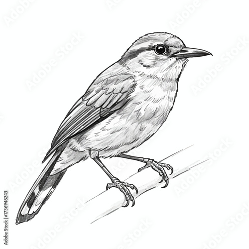 Detailed Black and White Line Art Illustration of a Bird Perched on a Branch
