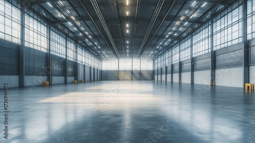 A large, empty industrial warehouse with high ceilings and concrete floors, suitable for logistics or storage concepts.