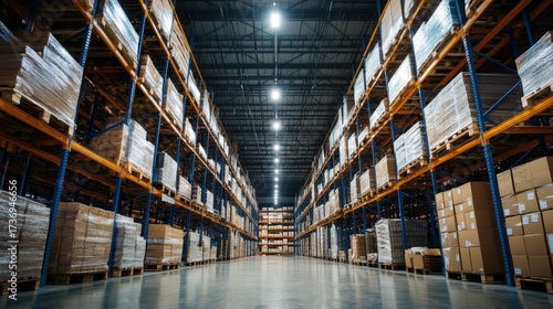 A large industrial warehouse interior with high ceilings and rows of shelving, indicating storage and logistics.