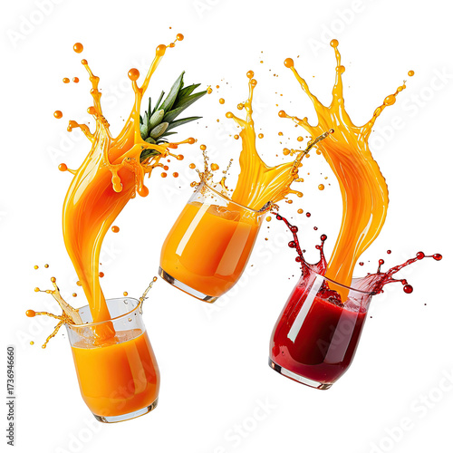 Splashing fruit juices pouring into glasses with a black background