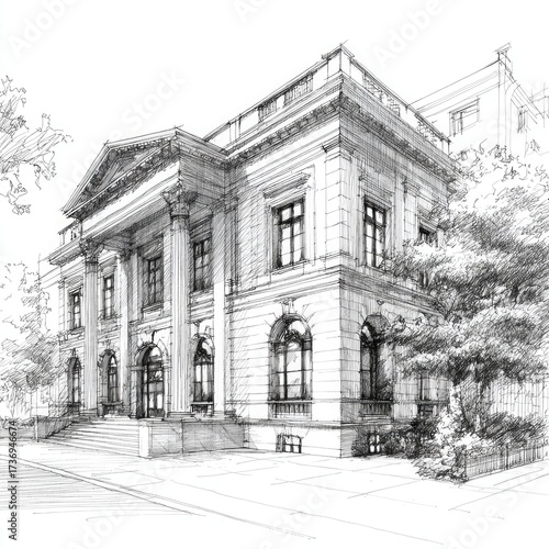 Detailed architectural sketch of a large, classical-style building