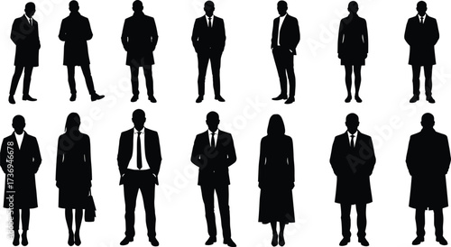Silhouette group of business men and women in formal suits, office professionals, corporate teamwork, modern fashion, professional standing posture