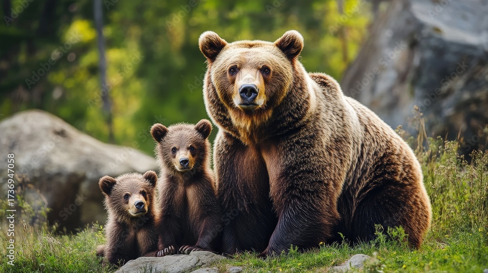 Obraz premium A majestic brown bear with cubs in a natural habitat, symbolizing wildlife and family.