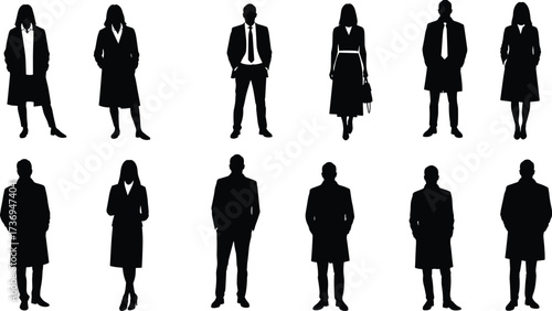 Silhouette of business men and women standing in formal suits, office professionals, teamwork concept, corporate fashion, stylish modern group