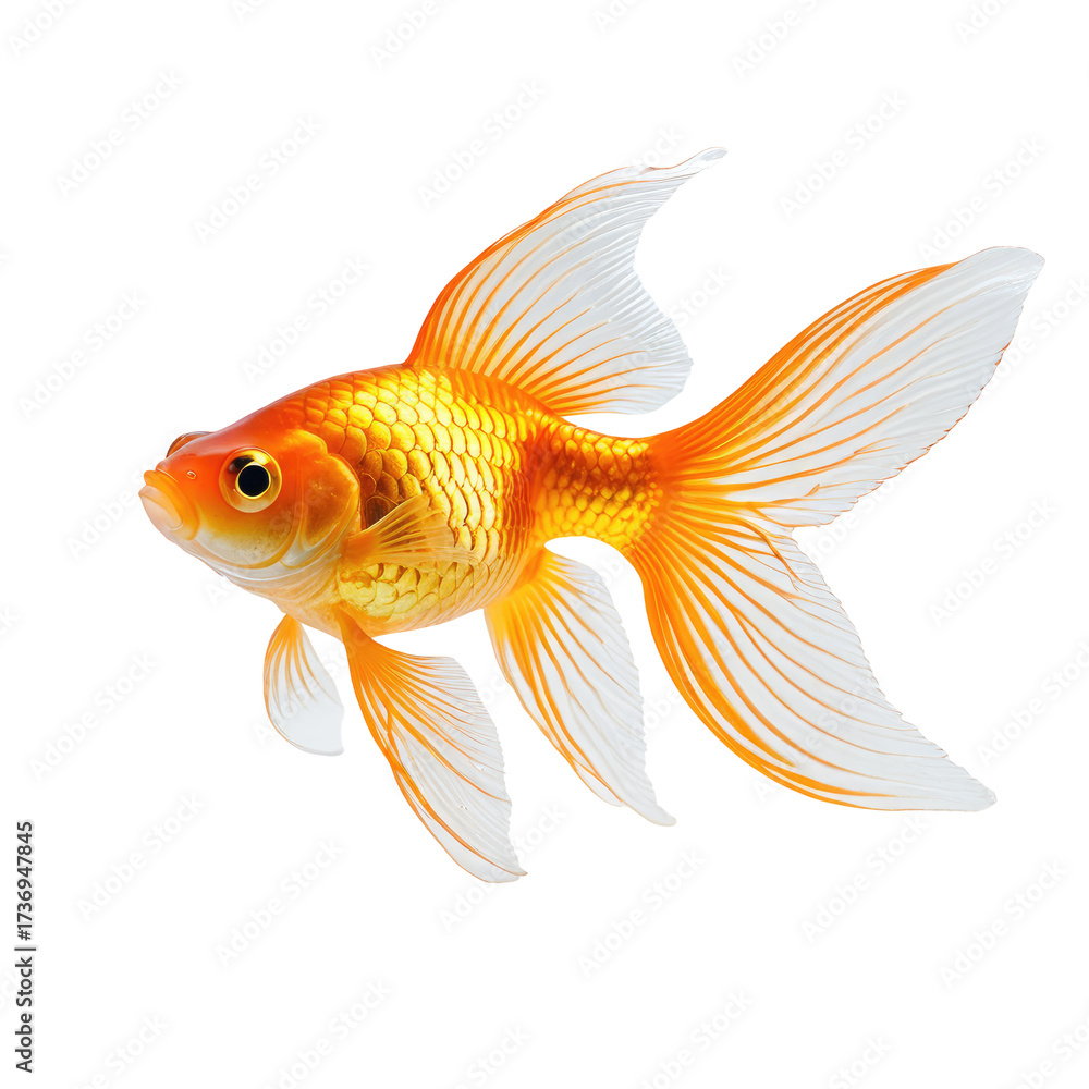 Fototapeta premium A vibrant goldfish isolated on black. Displays orange body, white-edged fins, and a curious look