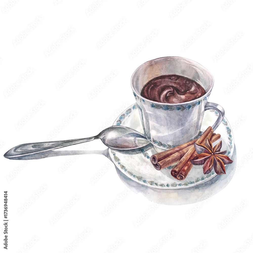 Fototapeta premium Watercolor cup of hot chocolate with spoon and cinnamon isolated on white background. Winter sweet drink with condiment for cute evening. Dessert for cookbook. Clipart for wallpaper or wrapping
