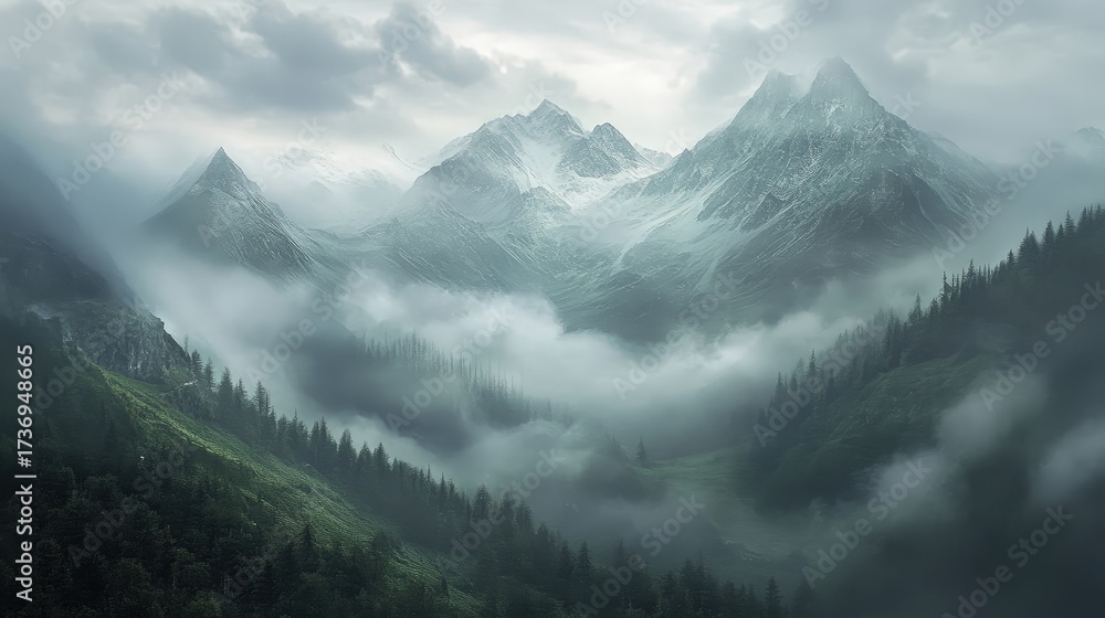 Obraz premium A misty mountain range under an atmospheric sky, conveying vastness and mystery.