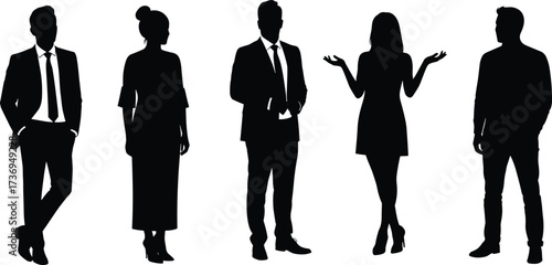 Silhouette of business professionals, men and women in formal wear, office workers group teamwork, corporate discussion, professional people illustration