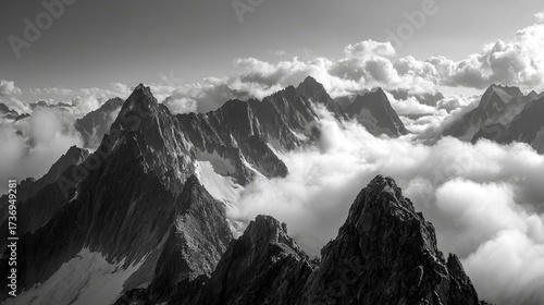 B&W image of jagged mountain peaks piercing fluffy clouds, creating a dramatic, high-altitude landscape