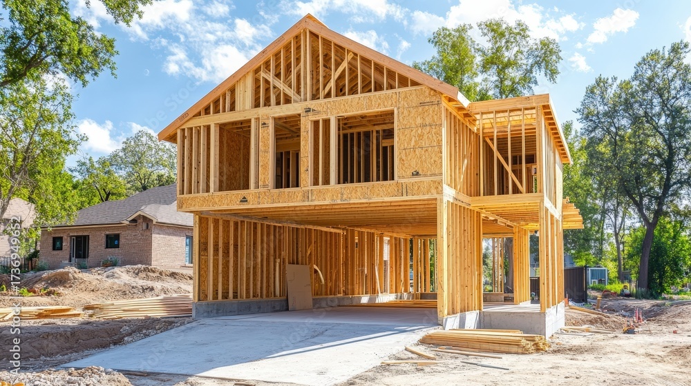 Obraz premium A partially built modern home with wooden framing, representing residential construction.