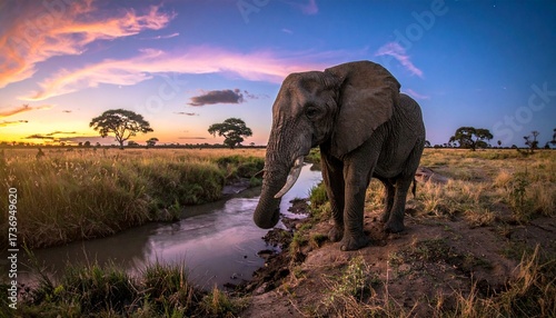 Majestic African Elephant at Sunset Riverbank Dramatic Sky Wildlife Photography.