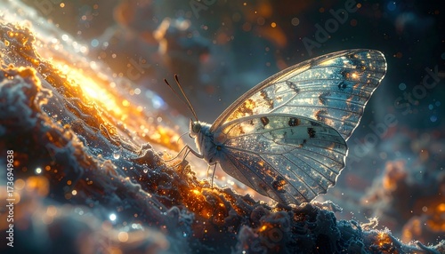 Luminescent Butterfly on Glowing Surface Dreamlike Artistic Macro Bokeh Effect.