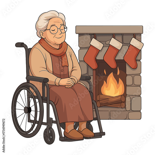 Minimalist Vector Illustration of Elderly Woman in Wheelchair by Fireplace with Christmas Stockings in Warm Organic Style