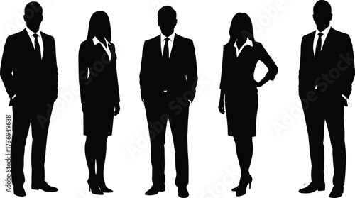 Silhouette of business professionals, men and women standing together, office workers team, corporate group illustration, professional people teamwork concept