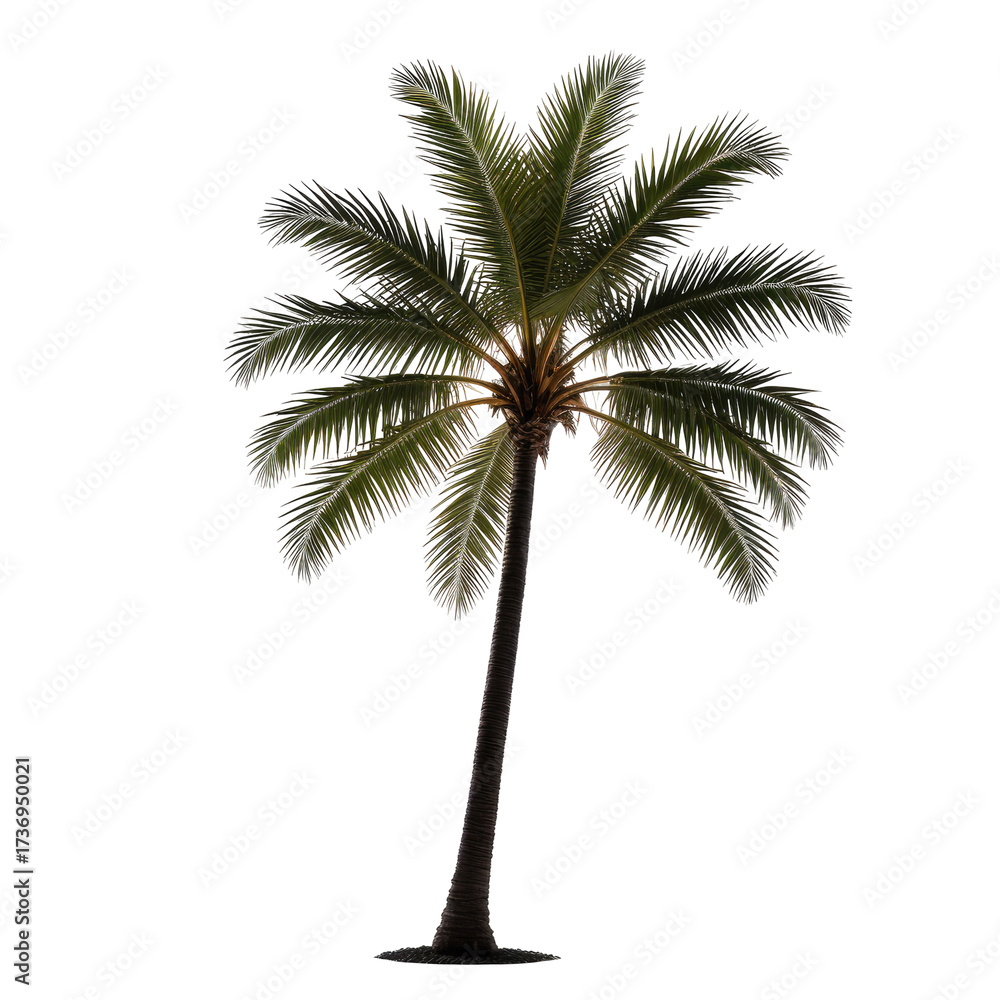 Obraz premium Isolated tall coconut tree with green fronds and brown trunk, black background