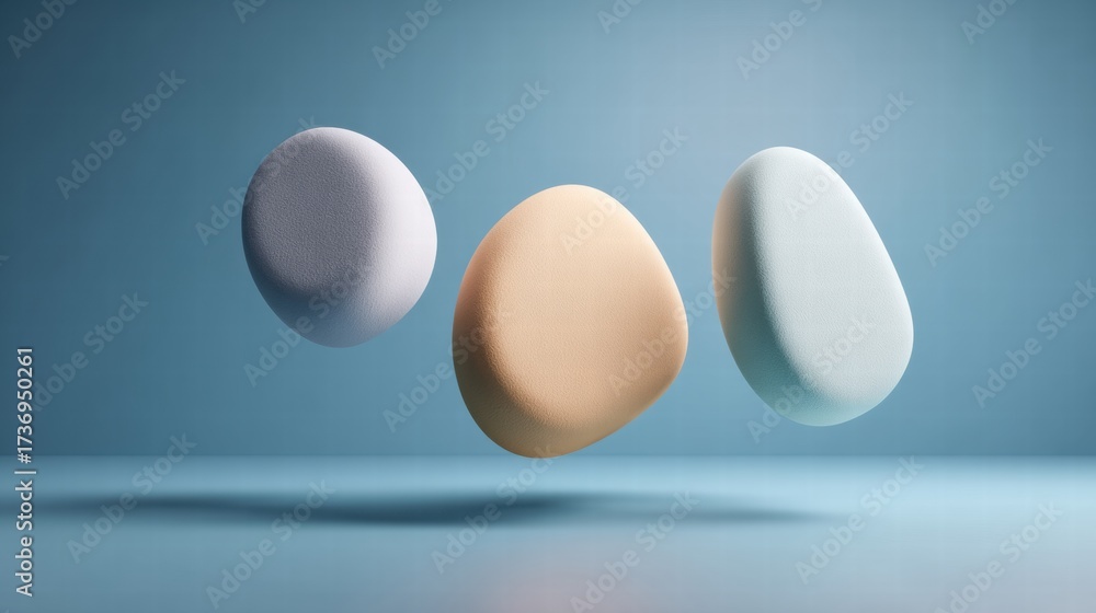 Fototapeta premium Three Floating Pastel Pebble-Like Forms in Lavender, Beige, and Light Blue Against Gradient Blue Background in Abstract Minimalist Composition