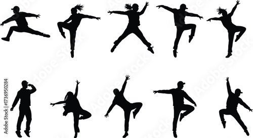 Silhouette of dancers in motion, people jumping, performing modern dance, expressive movement, energetic style, vector illustration, celebration, contemporary art