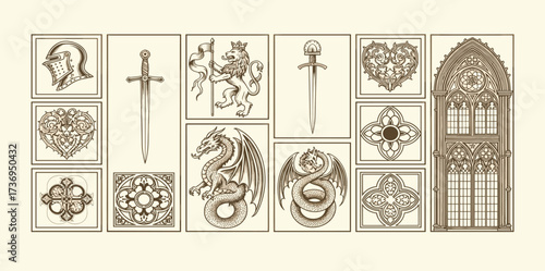 Medieval Heraldry Illustration Set Knights, Dragons, Swords & Gothic Art