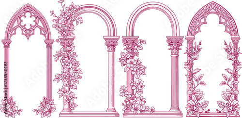 Elegant vintage pink archways with floral elements for design and decoration purposes