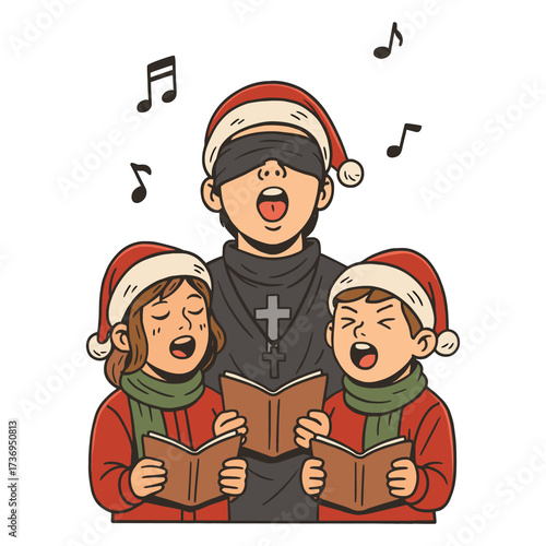 Vector Illustration of Kids Singing Christmas Carols in Festive Santa Hats in Cartoon Style for Holiday Greeting Cards