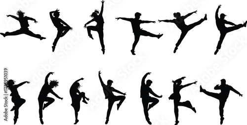 Silhouette of dancers jumping, performing dance moves, modern style, energetic people, vector illustration, dance performance, celebration, movement, artistic expression