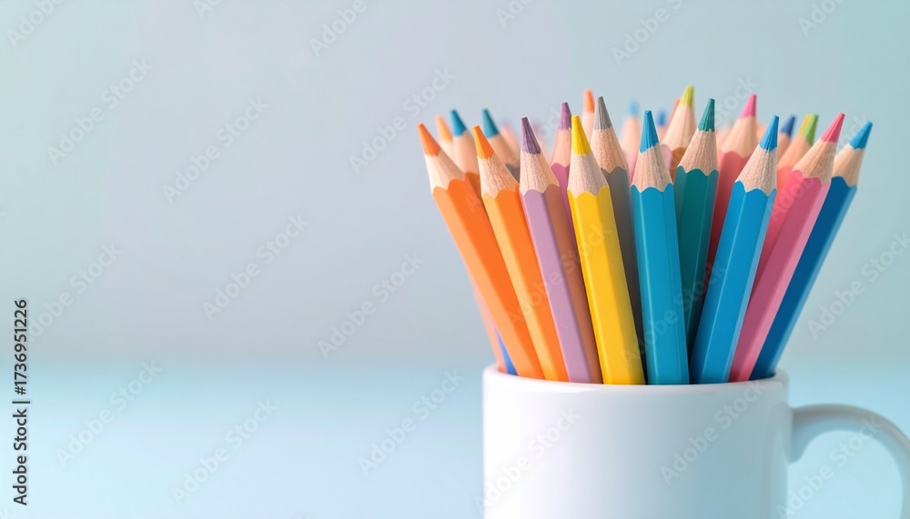 Fototapeta premium Vibrant colored pencils in white mug provide creative inspiration for artists and educators alike