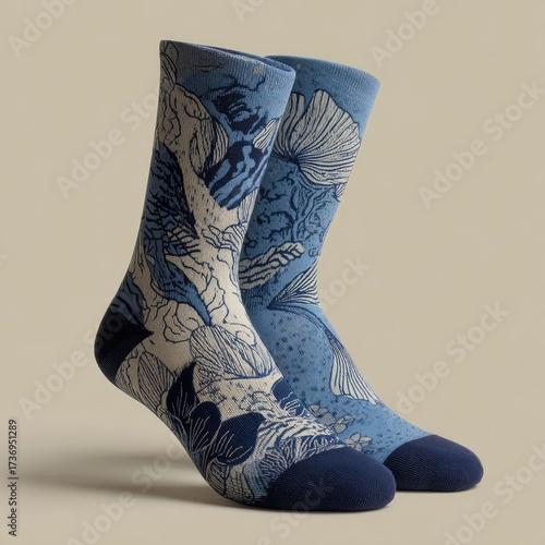 Pair of socks with a detailed, light-blue floral and organic print