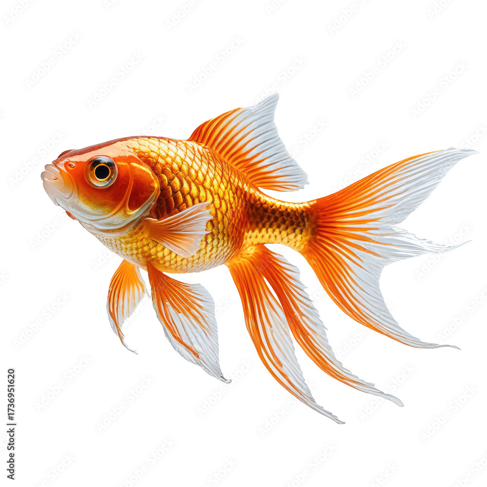 Fototapeta premium Bright orange and white goldfish swimming. Detailed fins, isolated black background