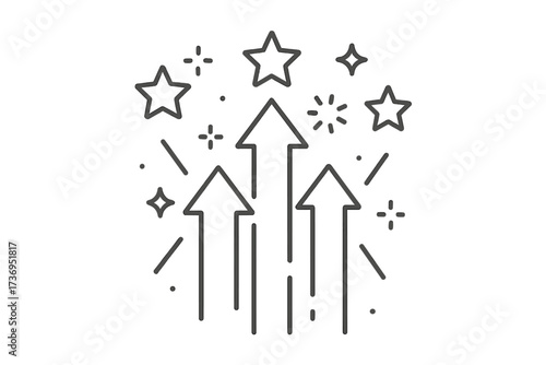 Arrows shooting to stars. Concept for financial, personal, creative growth. Vector thin line icon. Success, achievement, ambition, goal, progress, improvement, development.
